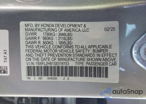 2025 Honda Civic Sedan Sport z USA, uszkodzony, nr VIN 19XFL2H81SE018153